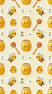 Glossy Bee and Honey Seamless Pattern with 2D Sticker Icons
