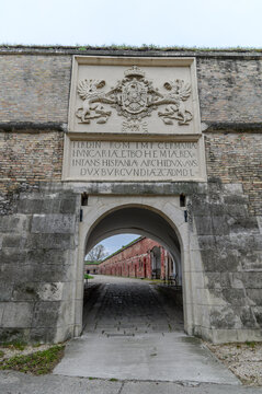 Renaissance Ferdinand Gate with Habsburg coat of arms in the Old Fortress of Komarno, Slovakia