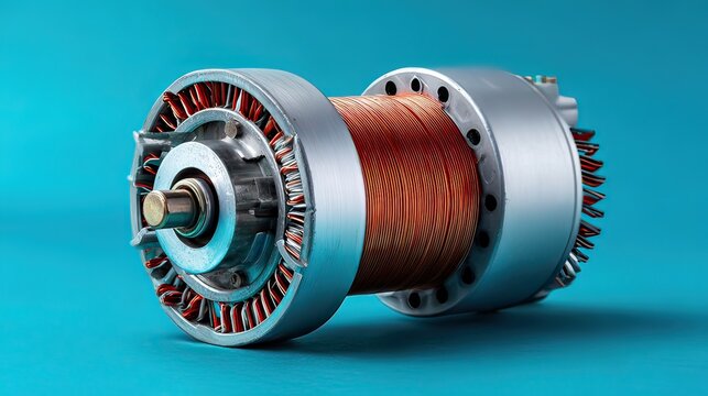 Close-Up of Electric Motor Stator and Rotor with Winding Coils for Engineering and Technology Projects