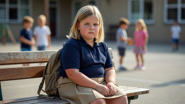 Fat child sitting alone on bench in schoolyard looking sad, juvenile obesity and social isolation