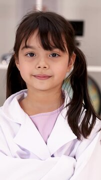 Young Girl in Lab Coat Smiling in Science Classroom