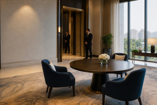 Private diplomatic lounge in luxury hotel prepared for state visit with discreet security staff neutral venue crisis management protection negotiation space round table chairs copy space