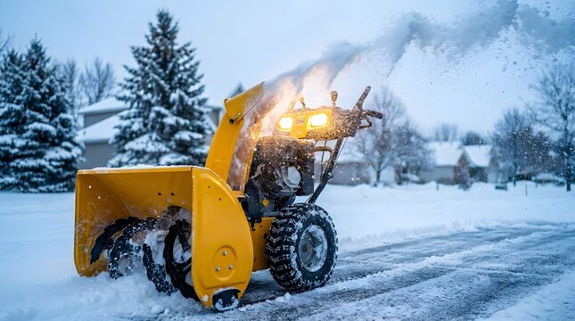Powerful yellow snow blower machine clearing deep snow from a residential driveway during winter season with headlights on at dusk.