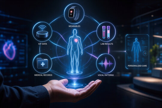 Multimodal Health Intelligence unified platform combining wearables IoT data lab results medical records vocal patterns for personalized care futuristic healthcare concept in dark environment