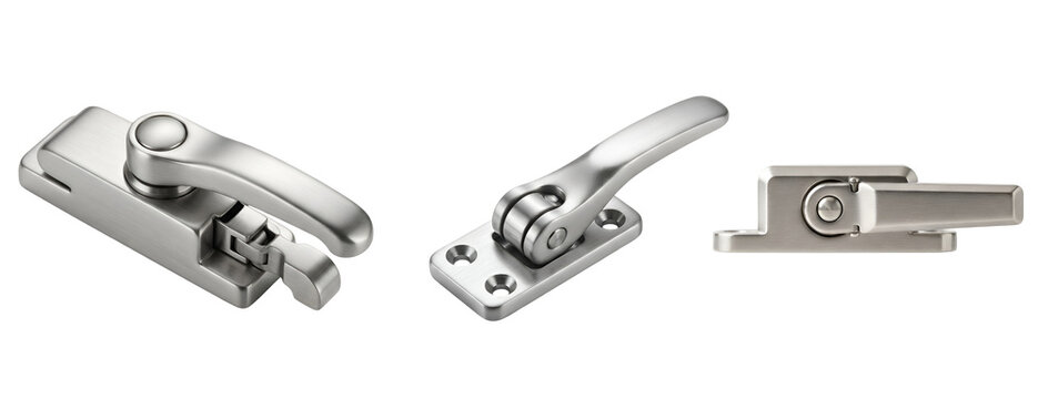 Three silver window latches on a transparent background for hardware and construction needs