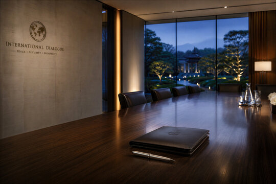 Minimalist luxury hotel boardroom for international dialogue summit with leather portfolio and fountain pen overlooking misty garden at dusk diplomatic sanctuary for negotiations peace security