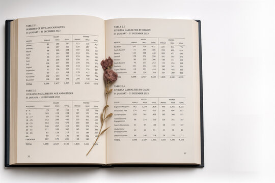 Open hardcover book with detailed conflict statistics and dried pressed flower memorializing human cost for humanitarian report policy brief data journalism editorial use