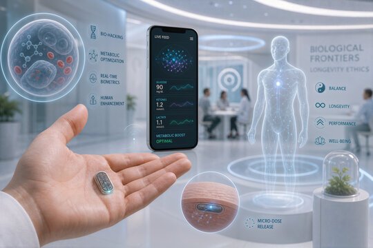 Real-Time Implantable Metabolic Bio-Chips injectable bio-chips for metabolic optimization bio-hacking real time biometrics smartphone micro-dose release Biological Frontiers Longevity Ethics