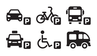 Naklejka premium Parking sign flat icons set featuring car bicycle bus wheelchair and ambulance black vector graphics for urban map.