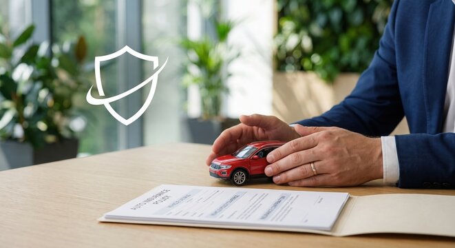 Businessman protecting a red model car above an auto insurance policy on a wooden desk. Vehicle insurance, financial protection and risk management concept with copy space.