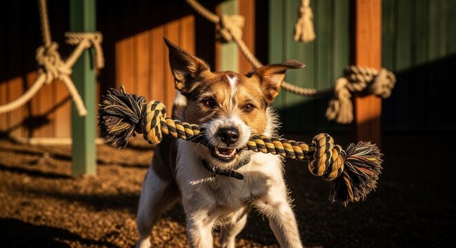 Energetic Dog Playing With Rope Toy Outdoors During Golden Hour