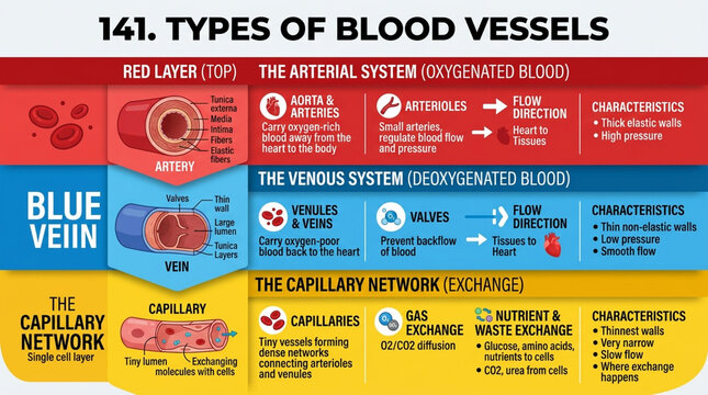 Medical Infographic Illustrating Types of Blood Vessels Artery Vein and Capillary Anatomy and Functions