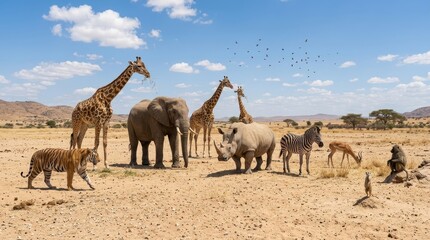 Naklejka premium Diverse African Wildlife Gathering with Elephant, Giraffes, Rhino, Zebra, Tiger, and Baboon in Savanna Landscape
