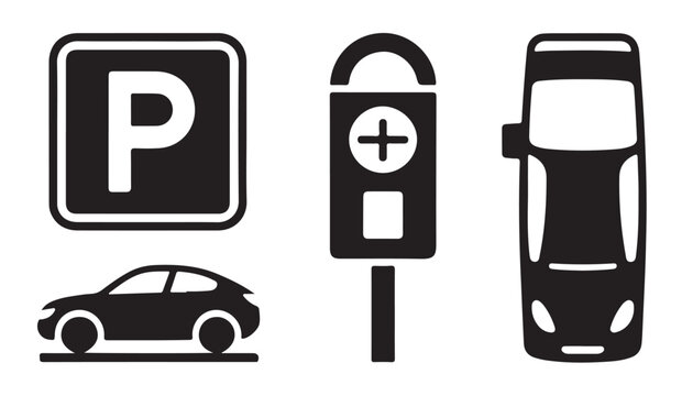 Collection of parking symbols including a car, parking meter, and reserved parking sign.
