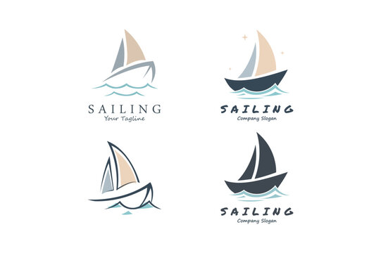 Four sailing boat with blue and beige sails on ocean waves isolated on a white background, for nautical branding themes