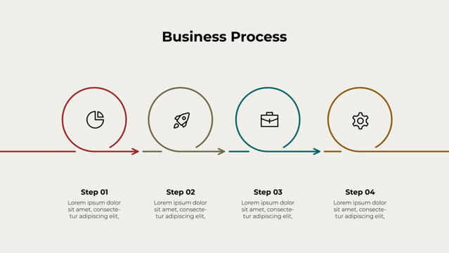 Four Step Business Process Infographic with Circular Milestones, Arrows and Horizontal Workflow Sequence