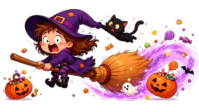 Funny Witch Flying on Runaway Magical Broom with Black Cat &ndash; Halloween Cartoon