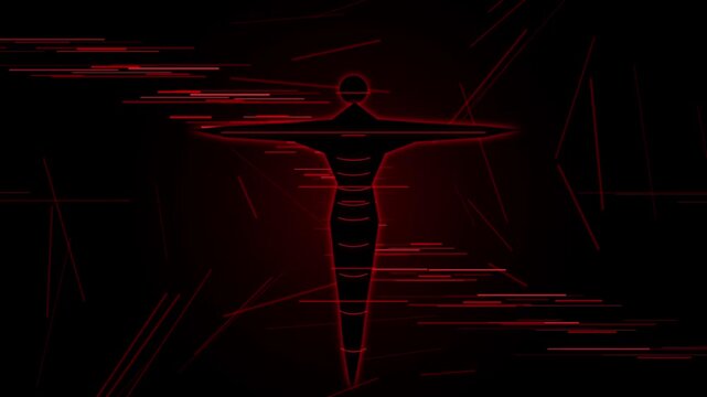 A central T-pose human silhouette stands amidst a high-velocity horizontal crimson vector storm. Featuring organic paint splatters, dynamic scratch physics, and glowing red particle dispersion over a 