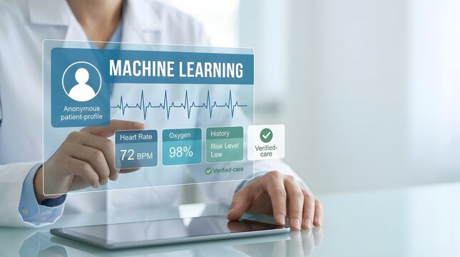 Doctor using futuristic digital interface for medical machine learning and patient data analysis