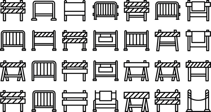 Road barrier and construction fence icon set featuring thin line vector graphics of safety barricades traffic hurdles and street security boundaries