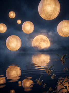 Lantern mid-autumn festival moon over the lake night