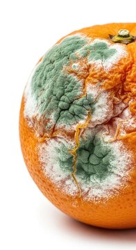 Detailed close up of a decomposing orange showing green and white mold with shriveled skin, isolated on a white background for food waste, science, white, macro