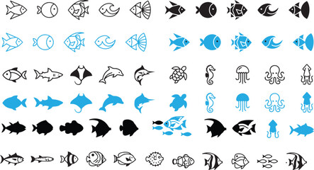 Fototapeta premium Fish Icon Set – Modern Minimalist Aquatic Animal Vector Collection