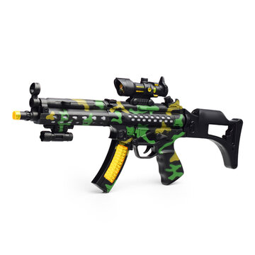 Camouflage submachine gun toy with scope on white background
