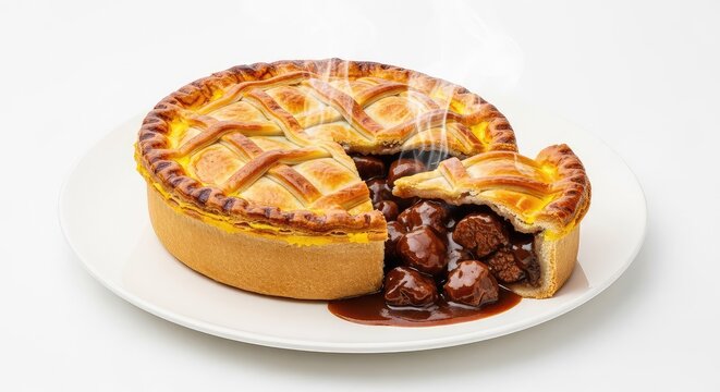 Savory steak and kidney pie with a golden flaky crust, presented on a plain white background, featuring rich gravy and tender meat filling, isolated, meat, baked