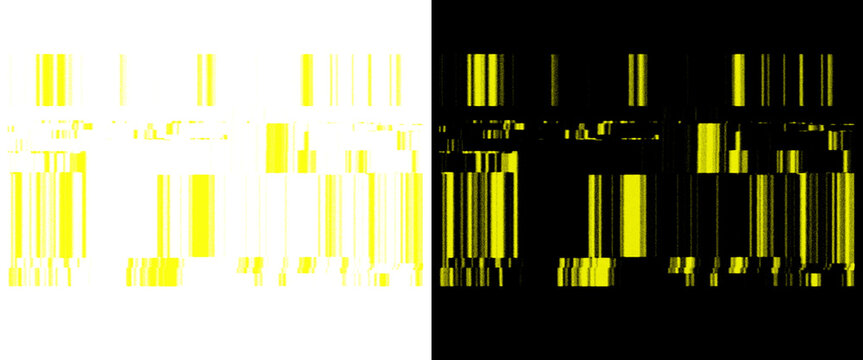 Abstract digital barcode pattern, yellow glitch art texture on black and white background, futuristic data stream graphic