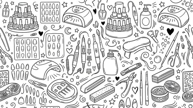 Detailed cosmetic and beauty pattern featuring makeup tools, manicure accessories, skincare products, and decorative hand-drawn elements.