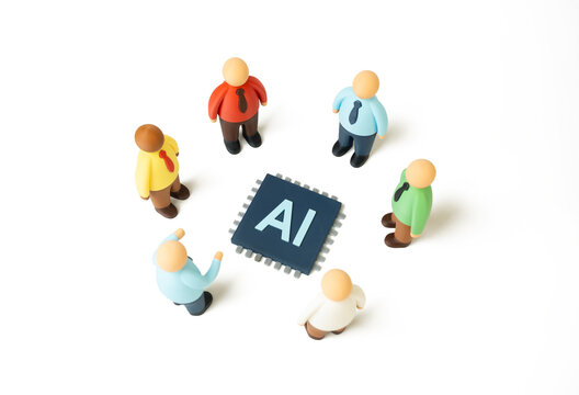 Group of business people surrounding an AI microchip. AI technology and its implementation in business processes. Technology investment. Artificial intelligence drives automation