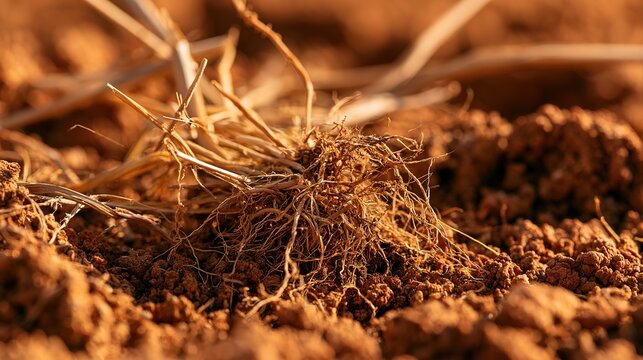 Vetiver grass root clump growing tightly from reddish-brown soil, macro detail, natural sunlight, shallow depth