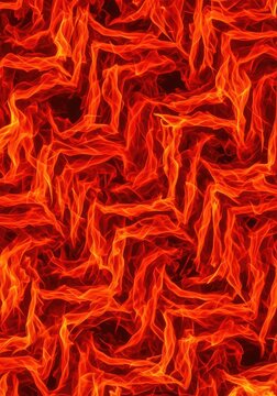 Vibrant red flames interlock to create a seamless geometric pattern of intense heat and glowing embers, perfect for cinematic backgrounds, dark, abstract, pattern