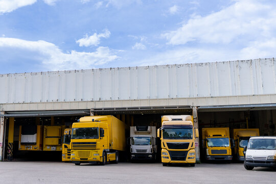 Trucks parked next to distribution warehouse