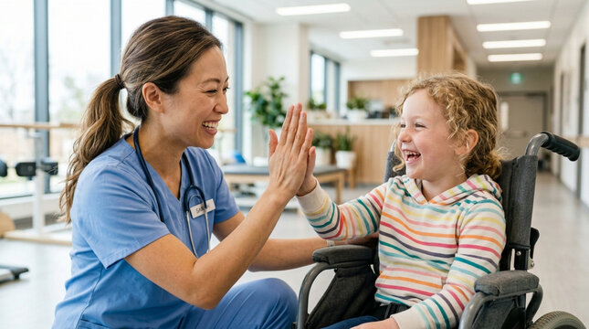 Nurse and child in wheelchair give high five in rehabilitation center