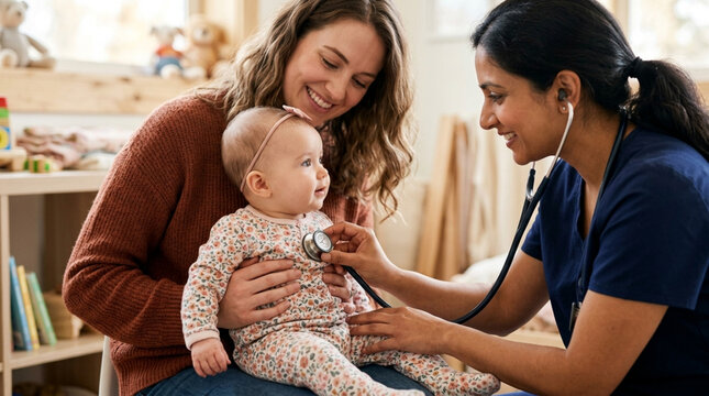 Pediatrician Examines Baby with Stethoscope, Mother Beside Her