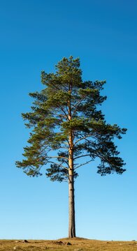 A magnificent solitary pine tree stands tall and resilient against the clear blue sky, emphasizing natural strength and peaceful solitude ,tall ,conifer ,wood