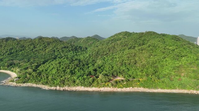 Beautiful lush green forest covering a tropical island mountain meeting the calm blue ocean water. Stunning natural landscape of a pristine coastline perfect for summer travel and vacation.