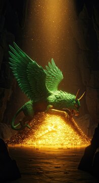 A massive emerald winged beast rests upon a luminous gold hoard deep inside a dark, ancient cavern glowing with arcane light ,illuminated ,gold ,wings