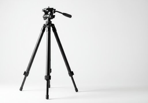 A sturdy metal camera tripod stands isolated against a clean white background, highlighting its engineering and minimalist form ,tool ,modern ,white