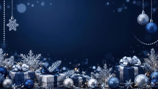 blue Christmas background with silver gift boxes, baubles, snowflakes and festive decorations with large copy space