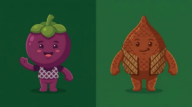 Cute cartoon mangosteen and salak tropical fruit characters.