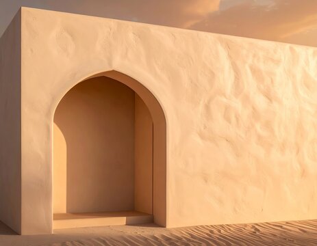 Minimalist sand-toned wall with arched alcove niche in warm desert light