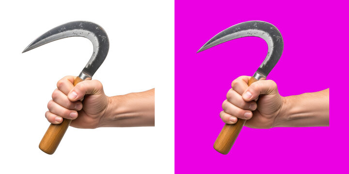 Close up of a hand holding a rustic metal curved garden sickle harvesting tool transparent png