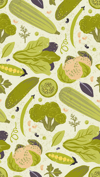 Seamless pattern with abstract vegetables on blue grid. Trendy aesthetic farmer market background. Hand drawn vector illustration. Fresh, vibrant, vegetarian organic wallpaper