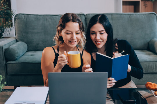Two young female students using a laptop while sitting on a sofa at home. Student life concept with studying, teamwork, and online learning.