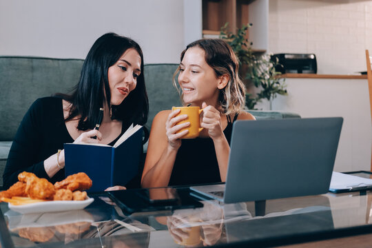 Two young female students using a laptop while sitting on a sofa at home. Student life concept with studying, teamwork, and online learning.