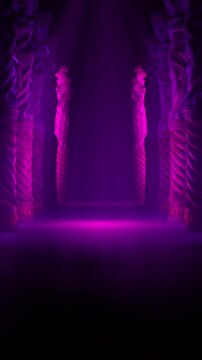 3D Render of Empty Stage Framed by Gothic Pillars Under Purple Spotlight