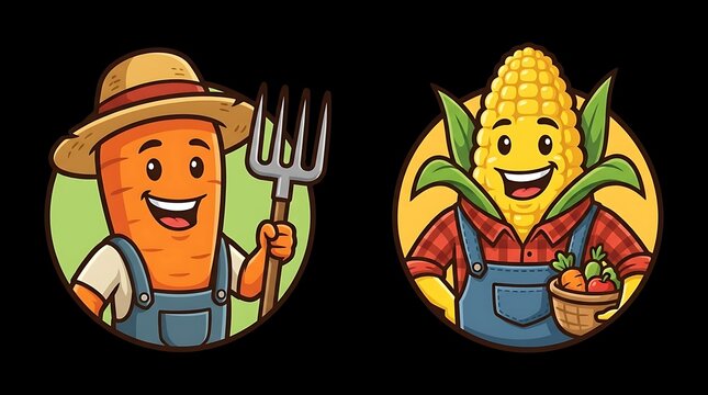 Friendly cartoon carrot and corn farmer characters.